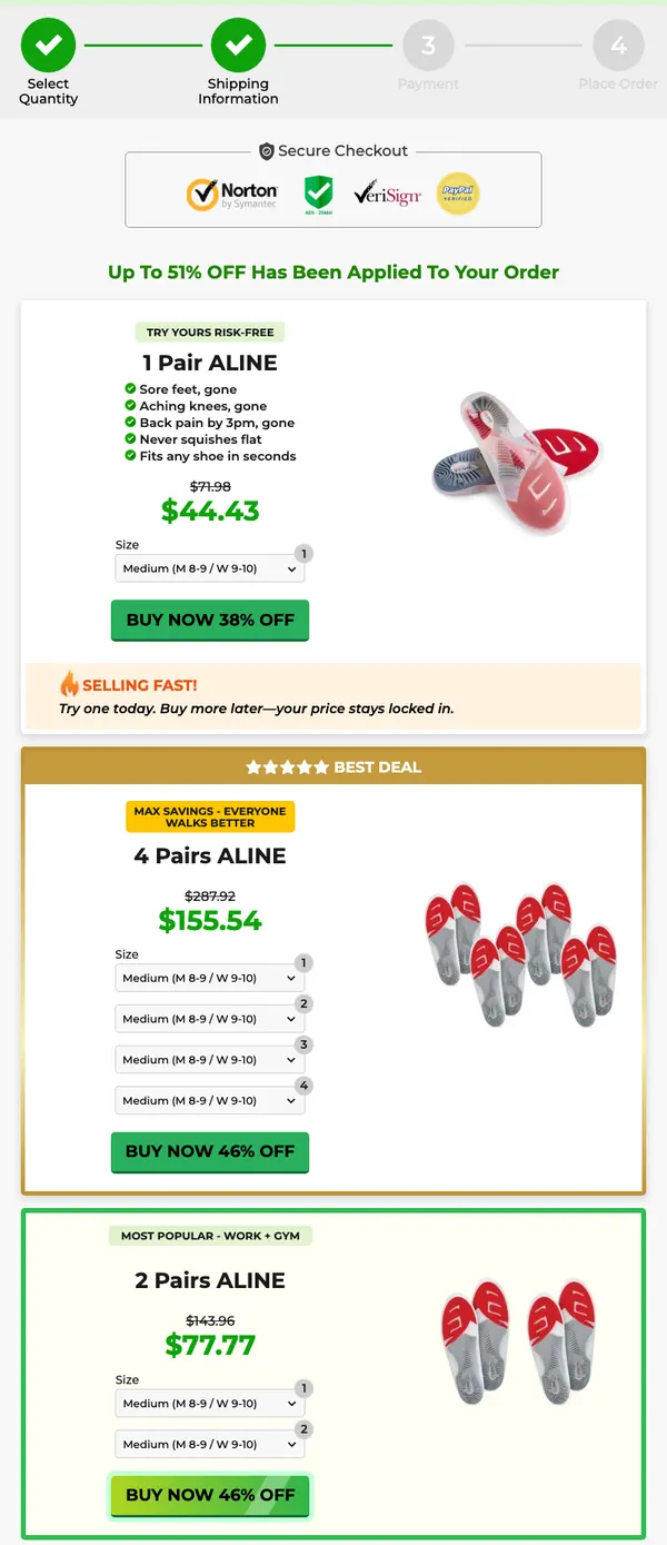 Aline Insoles official website secure checkout showing the 1, 2 and 4 pair packages